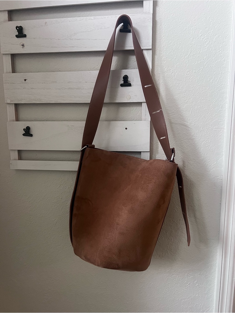 Brown Faux Suede Bucket Shoulder Bag Adjustable Strap